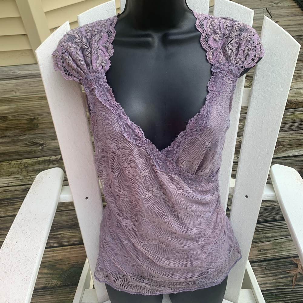 Ann Ferriday Fairy Top Lavender  Purple Faux Wrap Lace Stretch Lace M Vintage